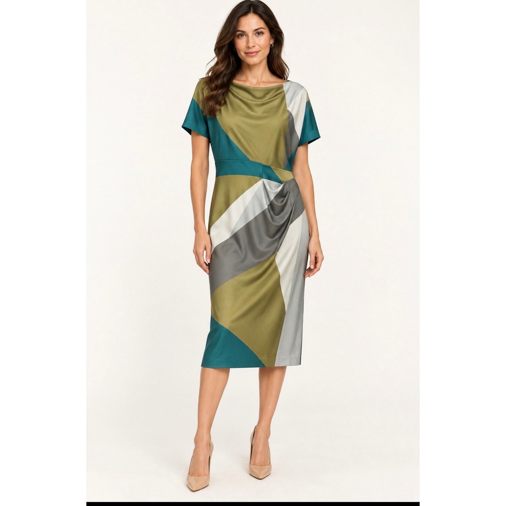 Donna Karan New York Colorblock Cowl Neck Sheath Dress 14W KX5M51Y6 Olive Teal